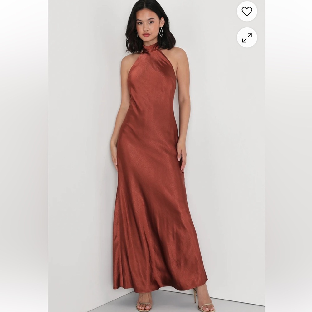 Lulus Love in Your Life Rust Brown Satin Halter Maxi Dress
